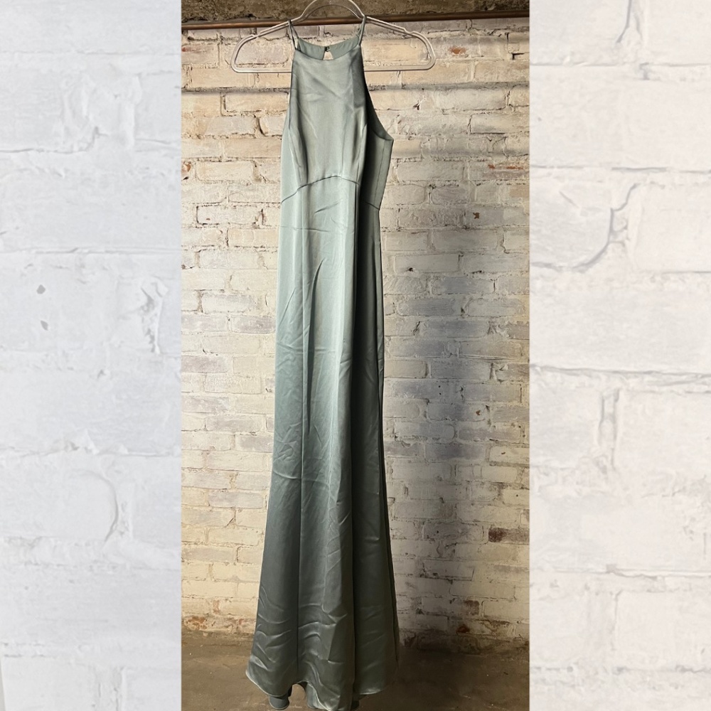 amsale imani jade high neck keyhole back satin bridesmaid dress [size 2]